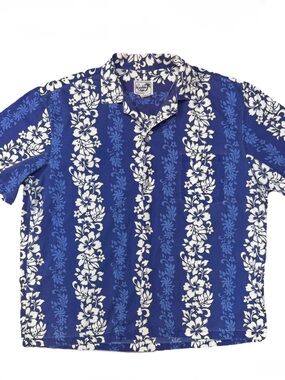 VTG Paradise Style Men's Blue Floral Hawaiian Short-Sleeve Button-Down Shirt XL